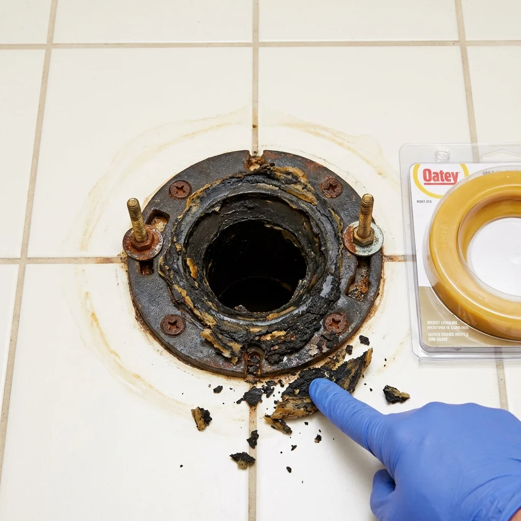 Failed wax ring showing water seepage at the base of a toilet in a Manchester, MI home