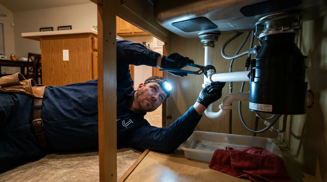 P-trap and supply line connections under a kitchen sink showing a common leak point in Manchester, MI